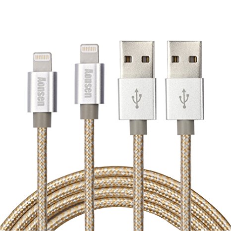 Aonsen 2pcs 6ft 10ft Lightning Cable,Extra Long,Nylon Braided,Charging and 8 Pin iPhone Cord for iPhone 6/6 Plus/6s/6s Plus/5/5c/5s,iPad 4(Gold)