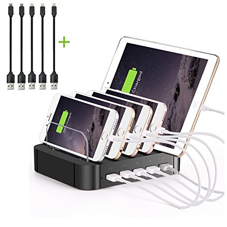 Charging Station,5 Port Universal Multi Device Usb Charging Stations,Desktop Usb Charger Hub Stand & Docking Cell Phone Charging Station Organizer – Include 5 Usb Cables(Black)