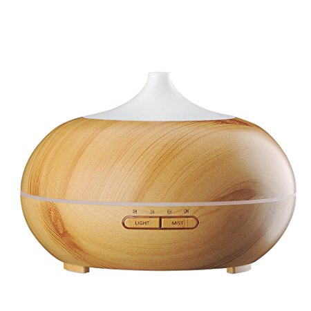 Topop Aroma Essential Oil Diffuser, Wood Grain Cool Mist Ultrasonic Aromatherapy Whisper-Quiet Humidifier with 300ml Capacity and 30ml/h Output 7-Color LED Lights and 4 Time Settings, Waterless Automatic Power off for SPA, Yoga, Home, Office