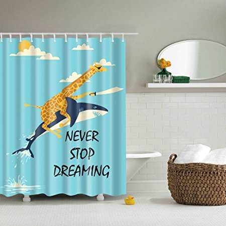 Funny fabric Shower Curtain, Mildew Resistant Water-Repellent & Anti-bacterial Giraffe Riding Shark Creative Shower Curtains with Adjustable Hooks(72 x 72inch)