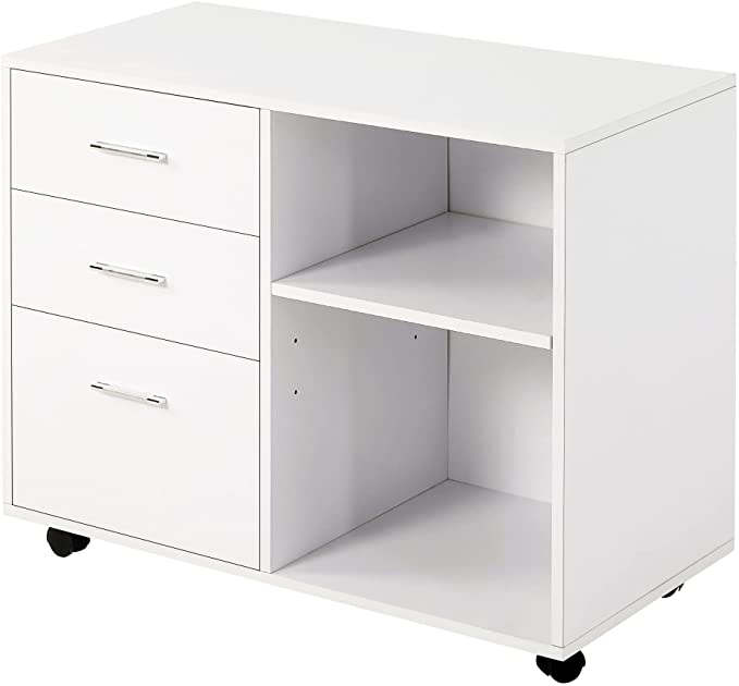 HOMCOM Armario de Oficina con Espacio para Impresora Multifuncional con 3 Cajones Estante Ajustable Ruedas Gran Capacidad de Almacenaje 80x40x65 cm Blanco