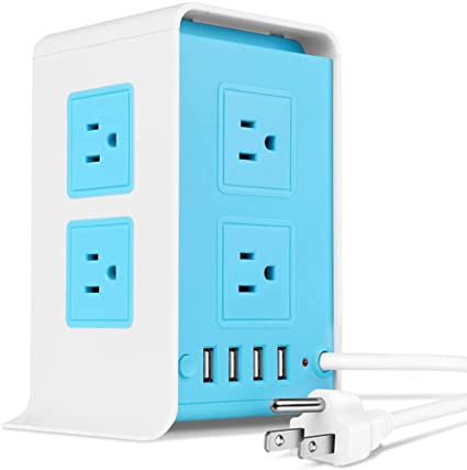 TNP Power Strip Tower Surge Protector with 4 USB Ports 8 AC Outlet, Charging Station Power Supply Multi Socket Plug with 6ft Extension Cord For PC Laptop Smartphone & Appliance (Blue)