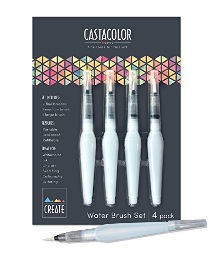 CASTACOLOR Water Brush Set of 4 - Watercolor Painting, Lettering, Watercolor Pencil & Markers, Calligraphy - Portable Aquash round nylon tips - large, medium, and fine