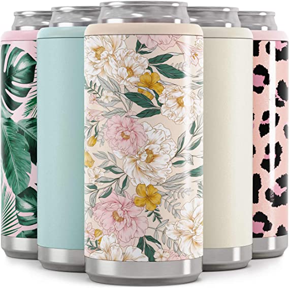 Maars Skinny Can Cooler for Slim Beer & Hard Seltzer | Stainless Steel 12oz Koozy Sleeve, Double Wall Vacuum Insulated Drink Holder - Blush Floral