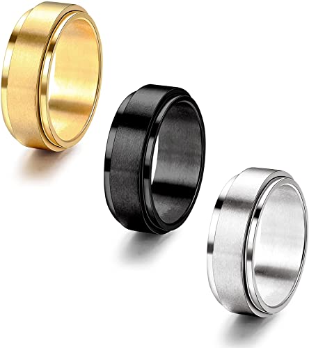 YADOCA 3 Pcs Stainless Steel Fidget Band Rings for Men Women Spinner Ring Set for Wedding Promise Silver Gold Black Tone Size 6-14