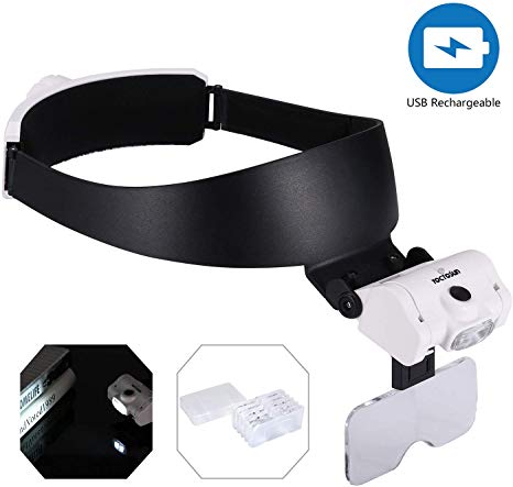YOCTOSUN Rechargeable Headband Magnifier with 2 LED Lights and 5 Detachable Lenses 1X,1.5X,2X,2.5X,3.5X, Hands-Free Head Magnifying Glasses for Close Work, Jewelry Work, Watch Repair, Arts & Crafts