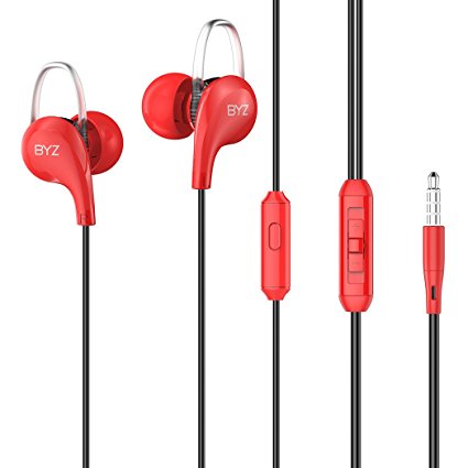 BoYaZ Earphones Earhook Premium Stereo Earbuds Noise Isolating Bass In-ear Headphones with Mic & Remote Control Sports Running Gym Hiking Jogger Exercise for All Smartphone Ipod Tablet (11-Red)