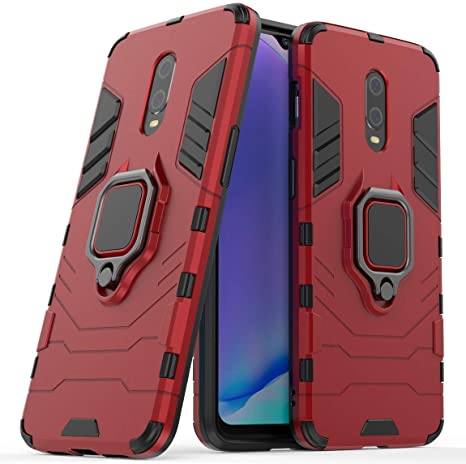 LuluMain Compatible with OnePlus 7, OnePlus 6T Case, Metal Ring Grip Kickstand Shockproof Hard Bumper (Works with Magnetic Car Mount) Dual Layer Rugged Cover for OnePlus7, OnePlus 6T (Red)