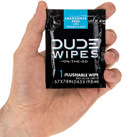 DUDE Wipes Flushable Wet Wipes, 1 Sample Wipe Individually Wrapped for Travel, Unscented with Vitamin-E & Aloe, 100% Biodegradable