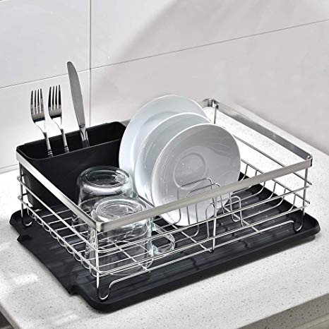 VCCUCINE Modern Kitchen Sturdy Stainless Steel Metal Wire 15.4" x 11" x 5.6" Dish Drying Rack, Chrome Dish Rack with Black Drainboard Cutlery Cup Utensil Organizer Holder