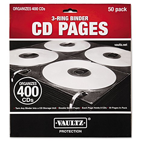 Vaultz CD Insert Pages, 3 Hole Punched, 12 x 11 Inches, 8 CDs/Page, 50 Pages/Pack, Black (VZ01415)