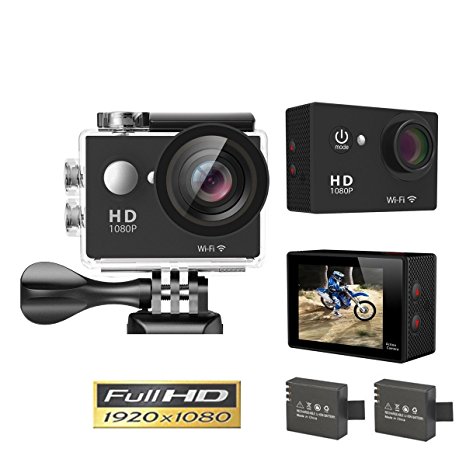 Goldwangwang 1080p WIFI Sports Action Camera 12MP HD Waterproof Camcorder 2 Inch LCD Screen 140 Degree Wide Angle Len W/ 2 Rechargeable Batteries Black