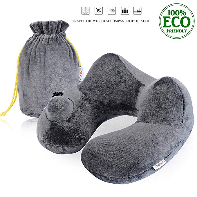 FINDANOR Inflatable Travel Pillow with Washable Soft Velvet Cover,Ergonomically Design, Travel Pillows for Airplanes,Car, Bus and Office Napping, Free Storage Bag