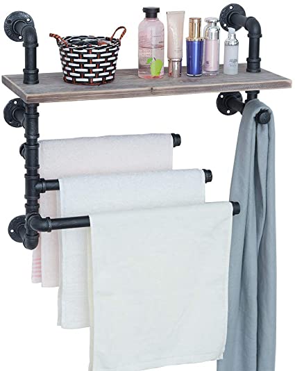 Industrial Towel Rack with 3 Towel Bar,24in Rustic Bathroom Shelves Wall Mounted,Farmhouse Pipe Shelving Wood Shelf,Metal Floating Shelves Towel Holder,Iron Distressed Shelf Over Toilet