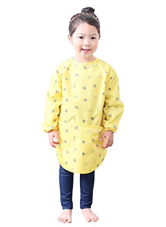 Plie Kids Art Smocks, Children Waterproof Artist Painting Aprons Long Sleeve with Pockets, Yellow Bear (05-S)