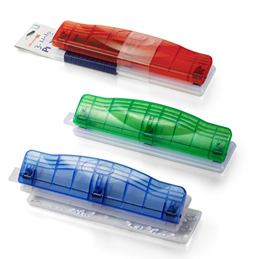 Officemate Translucent Plastic 3 Hole Punch, 8 Sheet Capacity, Comes in Assorted Translucent Colors - Red, Blue and Green (90119)