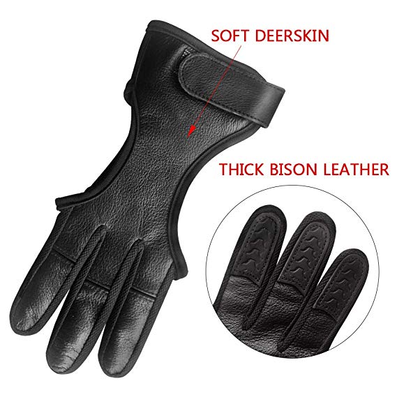 Seakcoik Genuine Leather Three Finger Archery Gloves Hand Guard Protective Archery Gloves Black