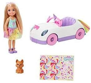 Barbie Club Chelsea Doll (6-inch Blonde) with Open-Top Rainbow Unicorn-Themed Car, Pet Puppy, Sticker Sheet & Accessories, Gift for 3 to 7 Year Olds