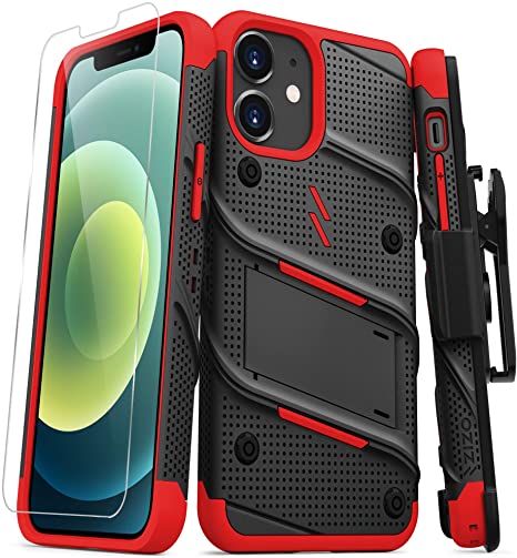 ZIZO Bolt Series for iPhone 12 Mini Case with Screen Protector Kickstand Holster Lanyard - Black & Red