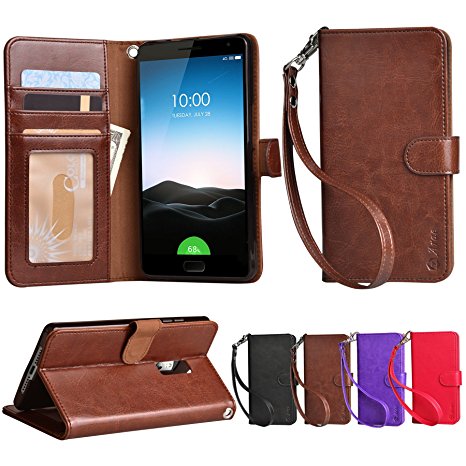 Oneplus 2 Case, Arae oneplus 2 wallet case,[Wrist Strap] Flip Folio [Kickstand Feature] PU leather wallet case with ID&Credit Card Pockets For oneplus two 2015 (Brown)