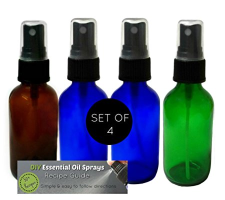 2 oz Glass Spray Bottle Colored Set with Recipes Guide. 2 Blue, 1 Green and 1 Amber Fine Mist Atomizer. Empty Containers for Misting Aromatherapy, Essential Oils, Cleaning.
