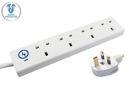 Wickes Master 4 Way Extension Lead Surge Protector w/ Neon Indicators in White ( 13A Fuse, 4 Gang, 2 Metre Cable, UK Plug, British Standards: BS1363 )