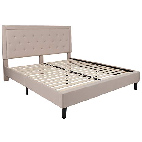 Flash Furniture Roxbury Tufted Upholstered King Size Platform Bed in Beige Fabric