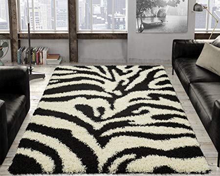 Ottomanson Collection Zebra Print shag Area Rug, 5' x 7', Black/White