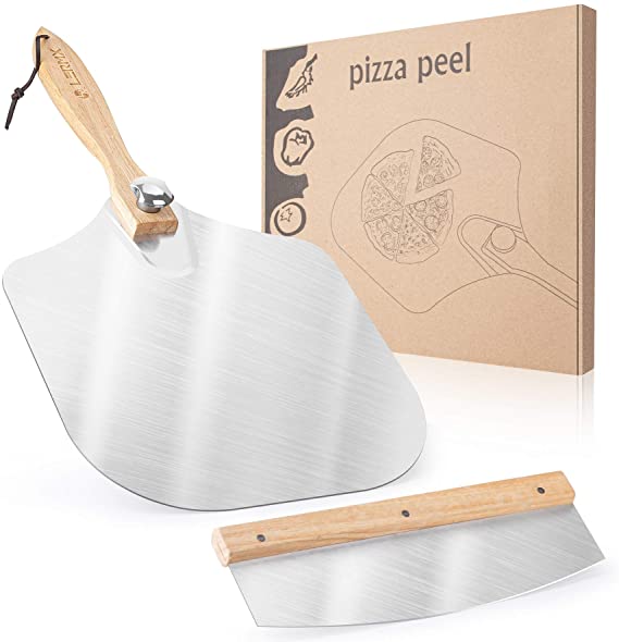 Pizza Peel with Sharp Pizza Cutter, LX LERMX Aluminum Metal Pizza Peel with Foldable Wood Handle & Sharp Slicer Knife, Pizza Paddle for Easy Storage to Baking & Slicing Homemade Pizza Bread Pie Pastry