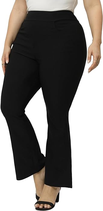 Gboomo Womens Plus Size Dress Pants Pull-on Office Work Pants Stretchy Bell Bottoms with Pockets