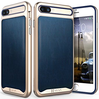 iPhone 7 Plus Leather Case, Vena [vLuxe][Leather Back | Metallized Button] Slim Protective Cover for Apple iPhone 7 Plus (5.5") (Navy Blue/Gold)