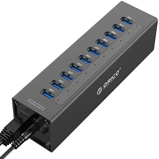 ORICO USB Hub Powered 10 Port Aluminium USB 3.0 Hub with Powered Adapter and 1m Data Cable for Windows and Mac PC - 10 x 1.5A BC 1.2 Ports for Charge and Sync