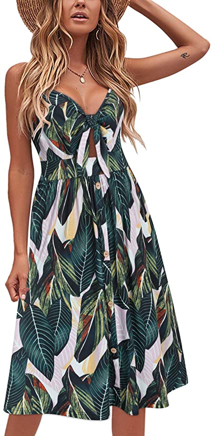 VOTEPRETTY Womens Summer Floral Sundress V Neck Tie Front Spaghetti Strap Dresses with Pockets