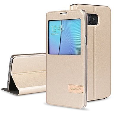 Patented Smart Cover - Galaxy Note 5 Case USAMS and Kollea Flip Cover W Bonus Smart APP Auto OnOff for Samsung Galaxy Note 5 - Gold