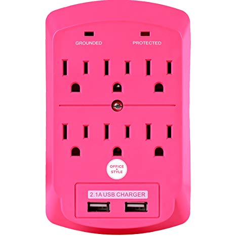 Surge Protector, Electronics Charging Station, 6 Outlet 2 USB Port Wall Adapter with Safety Indicator Lights -Pink- by Office   Style