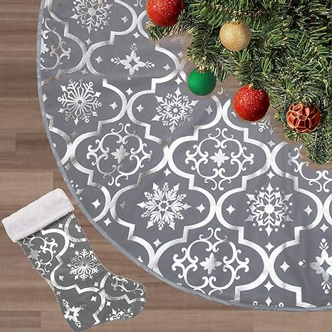 Flash World 48 Inch Large Christmas Tree Skirt Xmas Soft Cover Mat Decor Snowflake Collar Farmhouse Tree Skirt for Holiday Ornaments Party Home Indoor Decorations