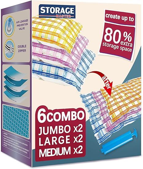 6 Space Saver Vacuum Storage Bags for Clothes, Airtight Vacuum Sealed Space Saver Bags for Clothes (6C)