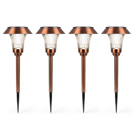 Set of 4 High Quality Copper Solar Path Lights with Super Bright Warm White LEDs and Garden Stakes
