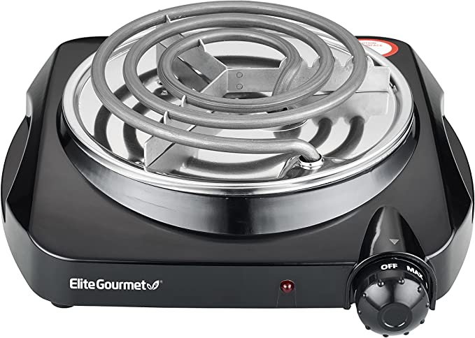 Elite Gourmet ESB301C# Countertop Single Coiled Burner, 1100 Watts Electric Hot Plate, Temperature Controls, Power Indicator Lights, Easy to Clean, Black