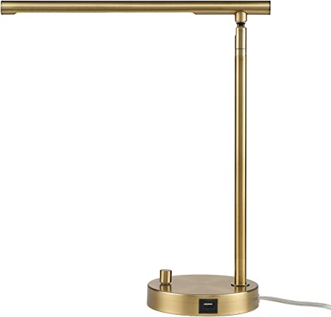 Globe Electric 52267 Ross 16" Integrated LED Desk Lamp, Matte Brass, Dimmable On/Off Rotary Switch at Base, 2.1A USB Port