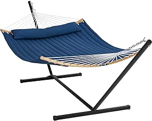 VEVOR Double Quilted Fabric Hammock with Stand Outdoor 2 Person Hammock with Strong Curved-Bar, Pillow & Portable Bag, Heavy Duty 480lbs Double Hammock with Stand for Outside, Patio, Garden, Beach