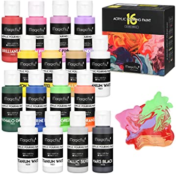 Magicfly 16 Colours /60ml Acrylic Pouring Paint, Pre-Mixed High Flow Liquid Acrylic Paints for Canvas, Wood, Stone, Acrylic Pouring Set for Artwork, DIY Projects