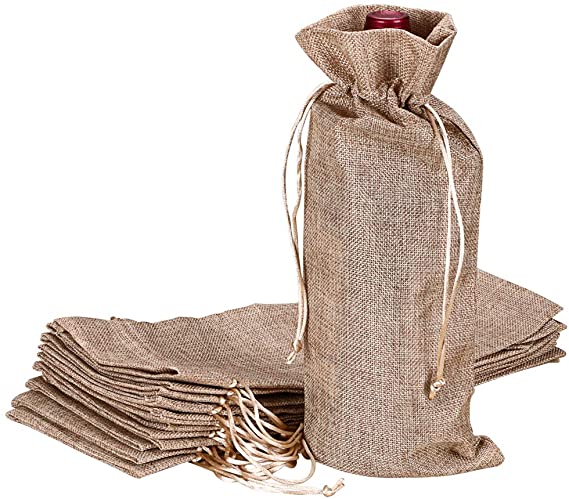 Hipiwe 12 Pcs Wine Bags, Champagne Bottle Bags Covers Natural Jute Wine Bottles Gift Bags Sacks with Drawstring for Wedding Party Favors Christmas Wine Tasting Party Supplies