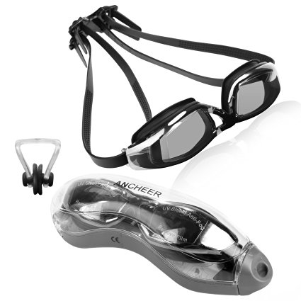 Ancheer Anti-Fog Swimming Goggle with FREE Protective Case Nose Clip For Kids and Adults- UV Shield Underwater Glasses - No Leaking Goggles For Swimming