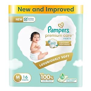 Pampers Premium Care Pant Style Baby Diapers, Medium (M), 16 Count, All -in-1 Diapers with 360 Cottony Softness, 7-12 Kg Diapers