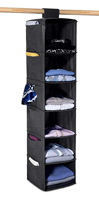 Hanging Sweater Organizer, 6 Shelves - Easily Organize and Maintain Your Sweaters Shape. Additional Six Side Pockets for Clothing Accessories. Attaches to Closet Rod with Heavy Duty Fastener. (Black)