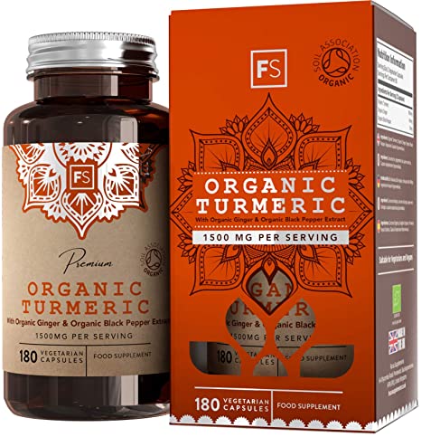 FS Organic Curcumin Turmeric and Black Pepper Capsules High Strength 1500mg Per Serving with Organic Ginger | Soil Association Certified |180 Vegan Capsules with No Fillers