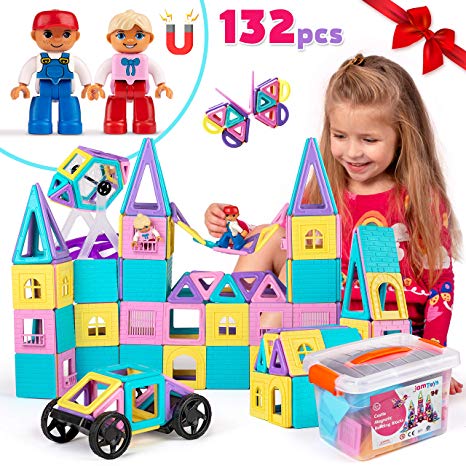 Castle Magnetic Blocks - 132-Piece Set for Girls & Boys with Play Magnet Figures - 3D Building Educational Construction Toy for Toddlers & Kids 3  Age Years Old - Strong Magnet Tiles - Great WOW Gift