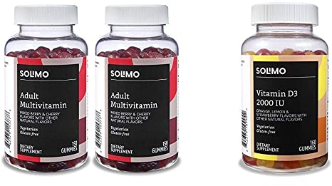 Amazon Brand - Solimo Adult Multivitamin, 300 Gummies, 75-Day Supply (Pack of 2) & Solimo Vitamin D3 2000 IU, 160 Gummies (2 Gummies per Serving)