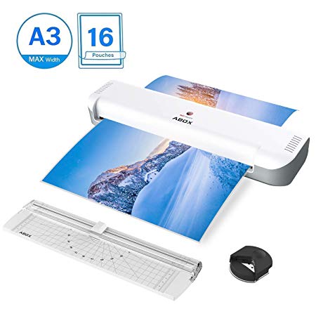 Laminator, ABOX 13’’ Thermal Laminator for A3/A4/A5/A7, 2019 Newest Laminator Machine with 16 Laminating Pouches, Two-Roller System, Fast Warm Up & High Speed, No Bubbles, Perfect for Photos, Menus, ID Cards, Drawings, Important Documents and Craft Use (White/Grey)